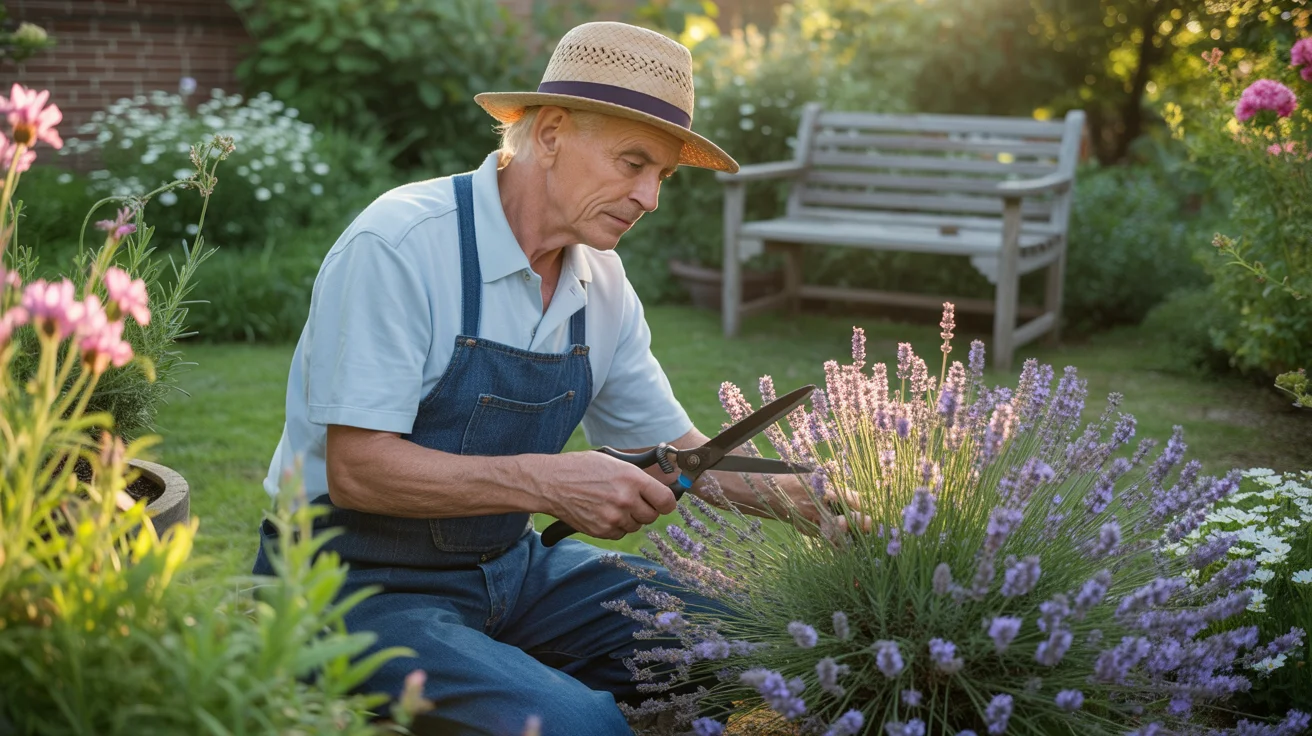Kiedy przycinać lawendę i jak ją odmładzać? Starszy ogrodnik przycina bujną lawendę o zachodzie słońca.