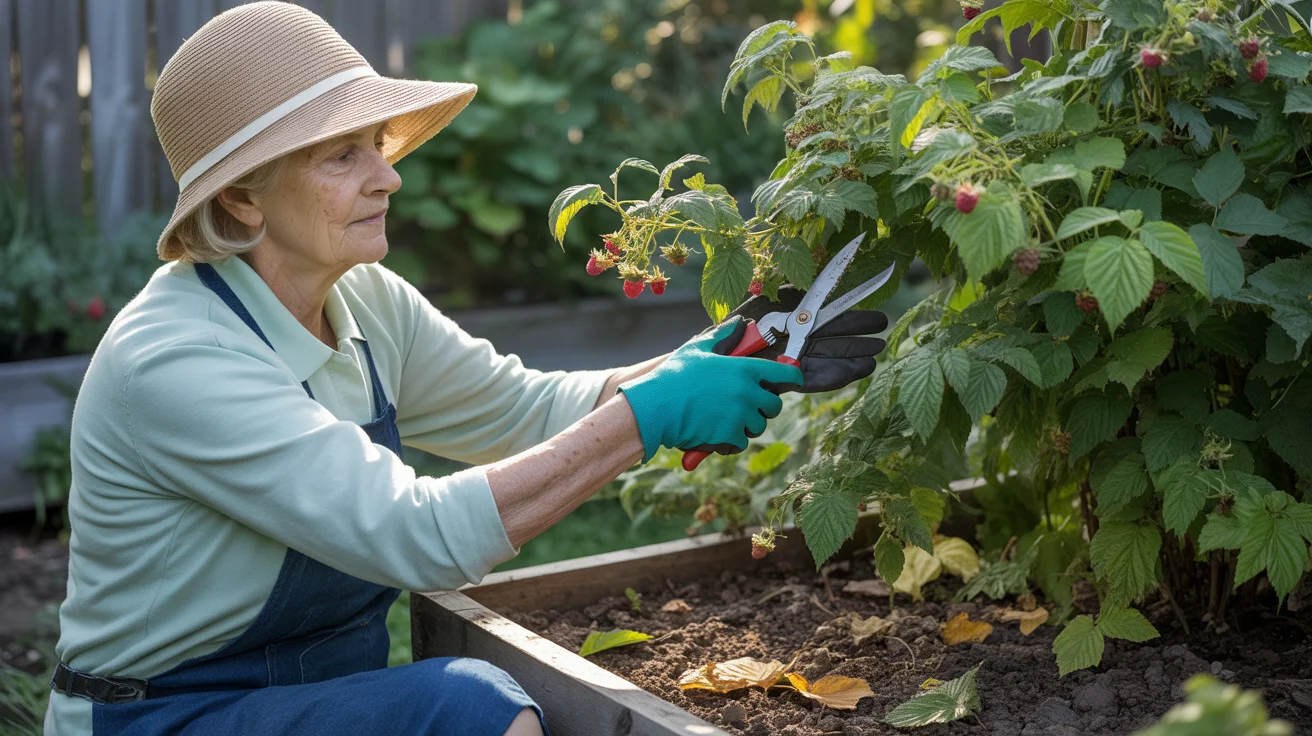Kiedy przycinać maliny letnie i jesienne? Praktyczny przewodnik Starsza kobieta przycina maliny w słonecznym ogrodzie.