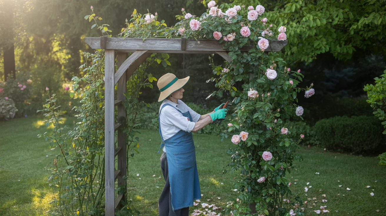 Cięcie róż pnących – kalendarz i formowanie na pergoli Starsza pani przycina róże na pergoli w słoneczny poranek.