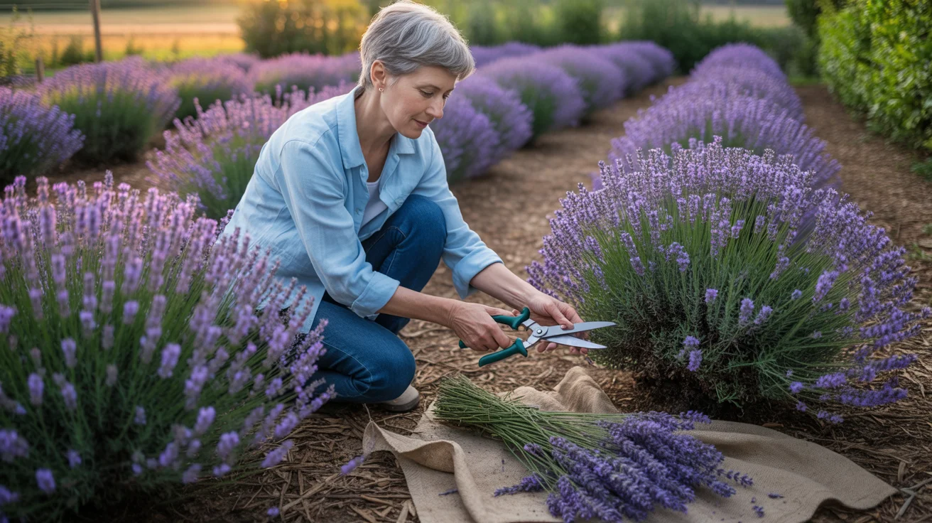 Radykalne cięcie lawendy – kiedy warto i jak to zrobić bez szkody Kobieta przycina lawendę w złotym świetle zachodu.