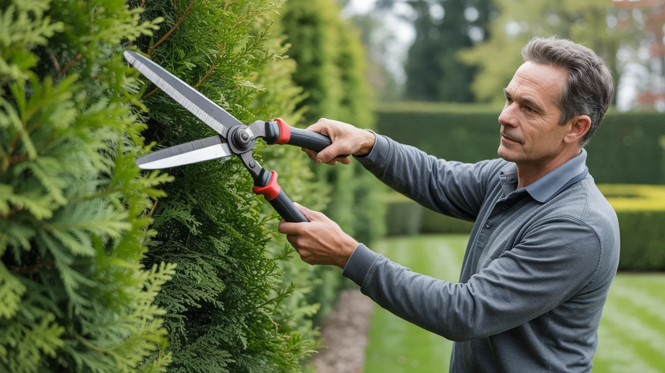 Kiedy podcinać tuje? Terminy cięcia i sekrety gęstego żywopłotu Mężczyzna przycina tuje w słoneczny dzień, dbając o żywopłot.