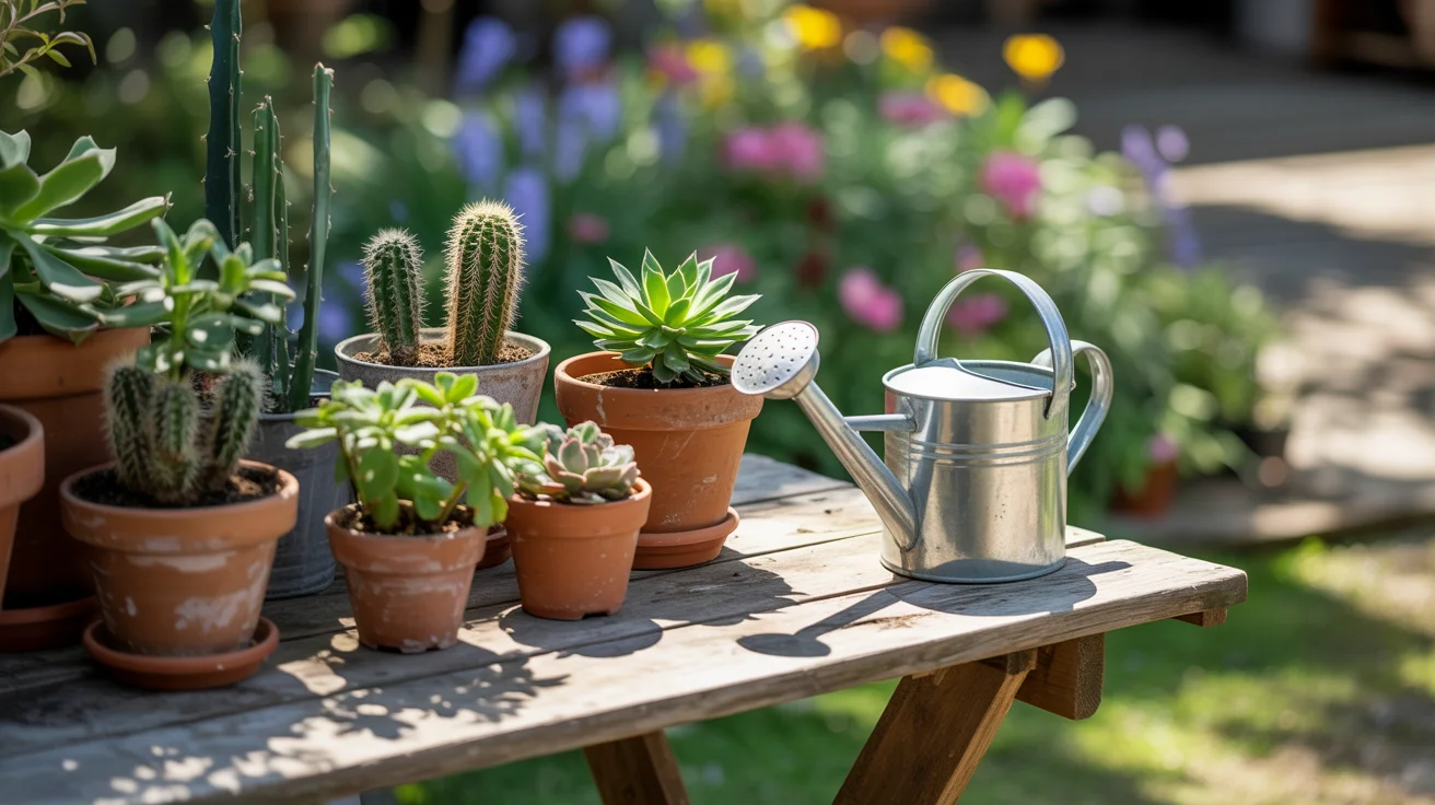 Podlewanie roślin drożdżami – co zyskasz, a czego unikać? Stół z roślinami podczas przerwy w podlewaniu drożdżami.