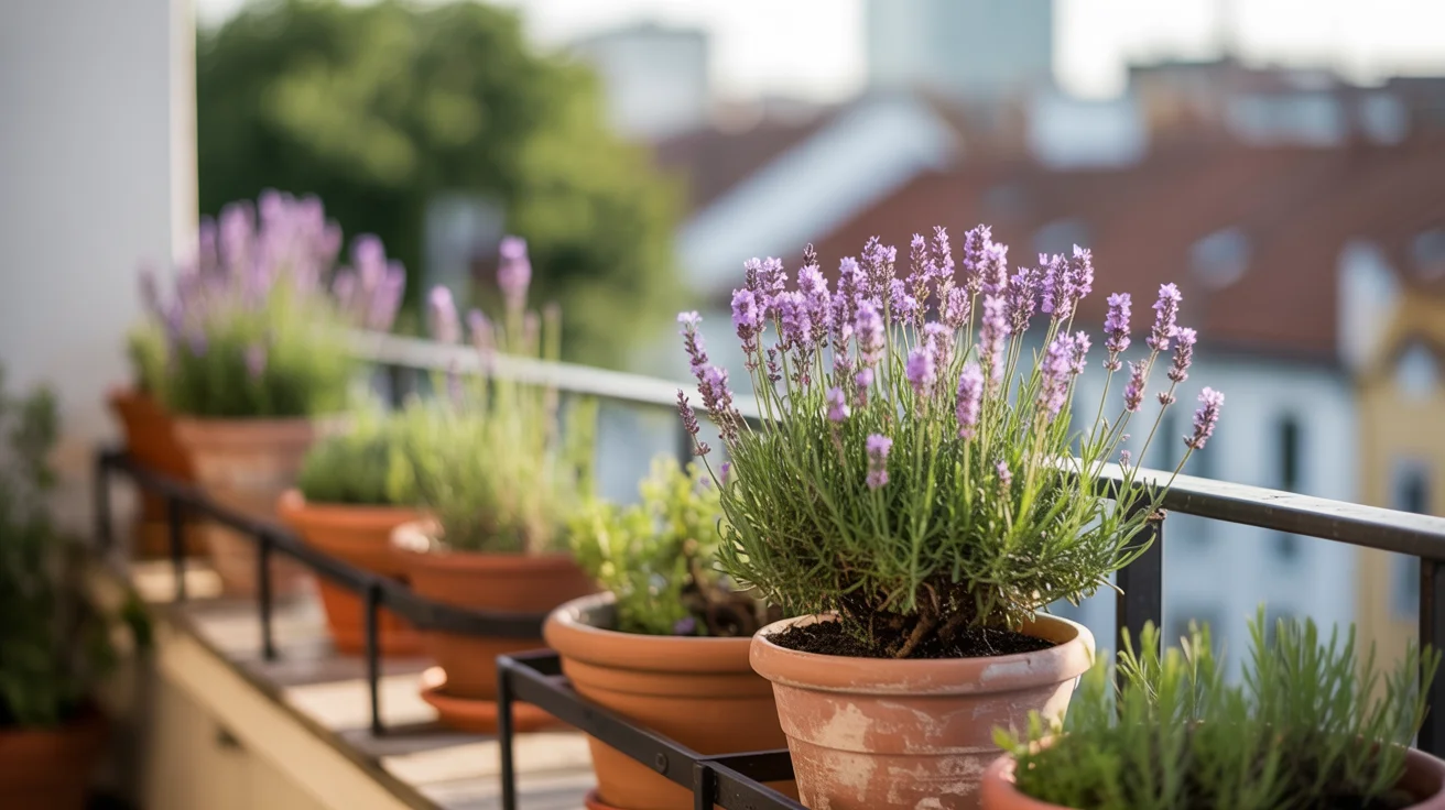 Lawenda na balkonie – najlepsze odmiany i pielęgnacja w skrzynkach Lawenda w terakotowych donicach na słonecznym balkonie.