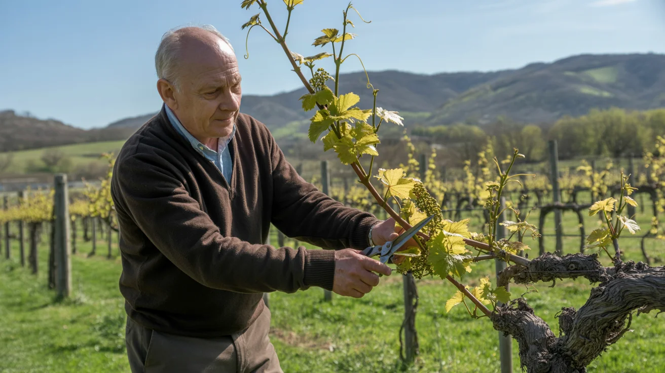 Kiedy przycinać winogrona, by zebrać słodkie grona? Starszy mężczyzna przycina winorośl w wiosennym słońcu.