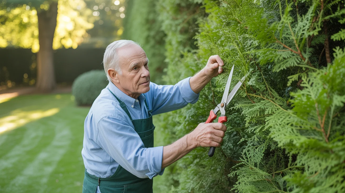 Czy tuje można ciąć zimą? Fakty i mity o terminach cięcia Starszy mężczyzna przycina tuje w ogrodzie.