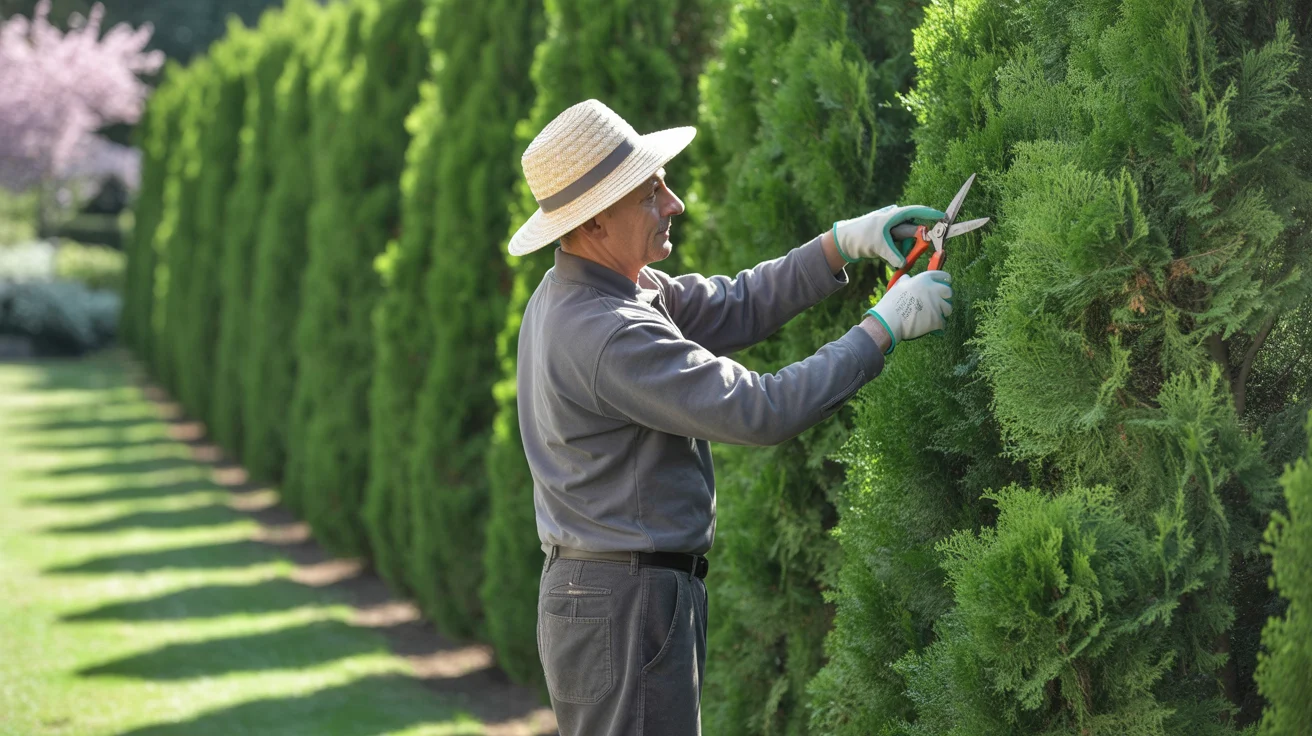 Przycinanie czubków tui – jak ograniczyć wysokość i zagęścić żywopłot Ogrodnik przycina tuję, dodając uroku żywopłotowi.