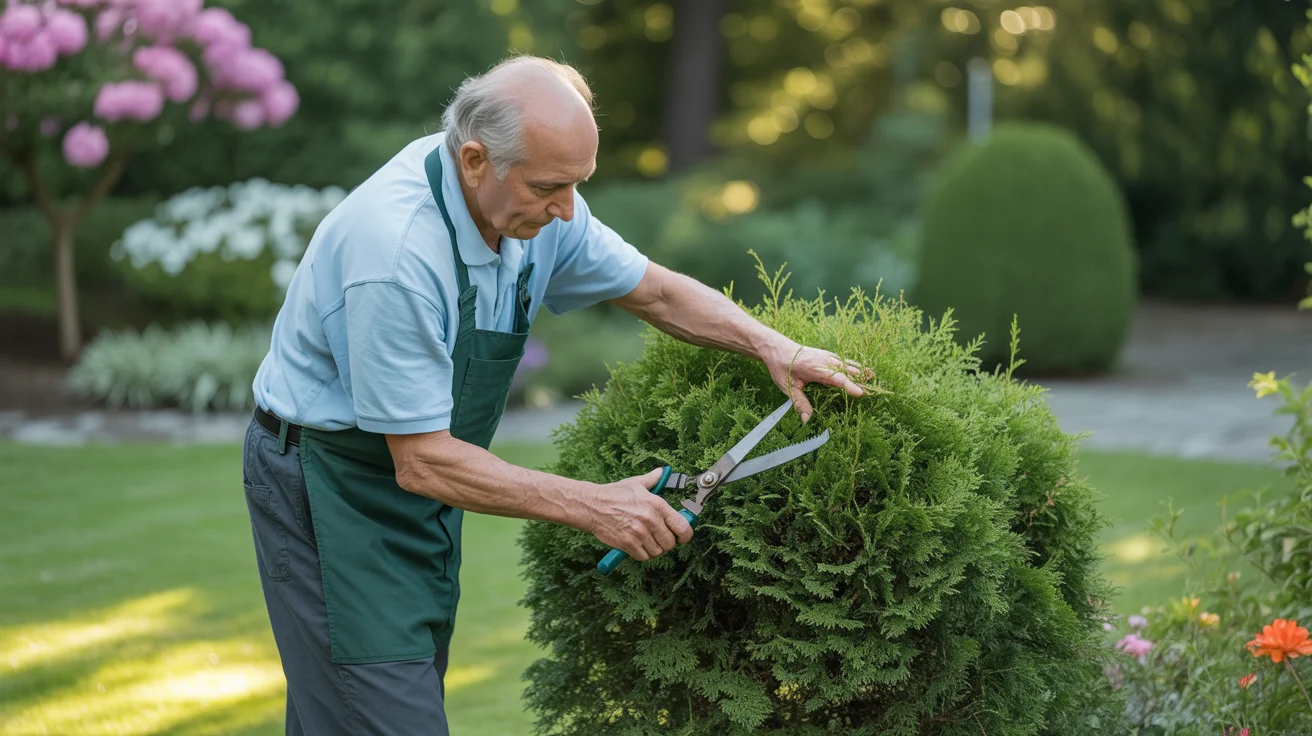 Formowanie tui w kulę – instrukcja krok po kroku dla początkujących Starszy mężczyzna przycina tuję w kształt kuli w słoneczny poranek.