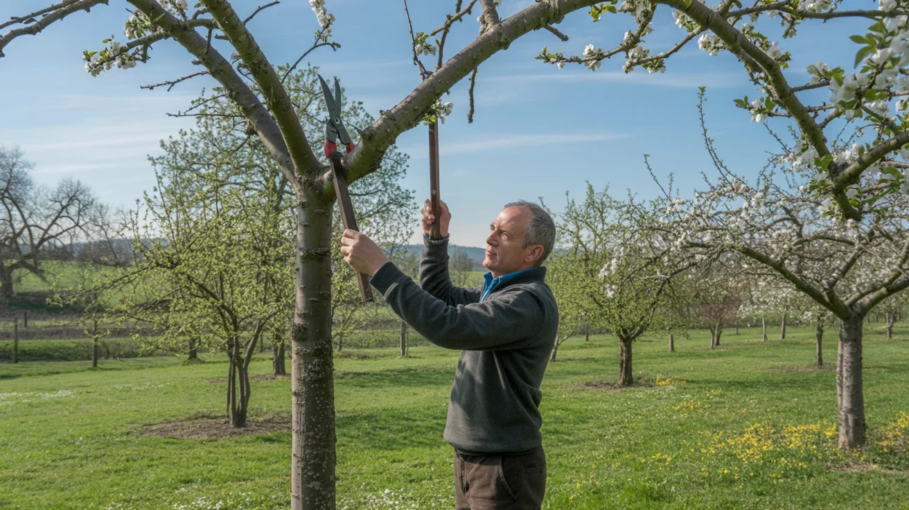 Wiosenne cięcie drzew owocowych – terminy, narzędzia i najczęstsze błędy Mężczyzna przycina drzewa owocowe w sadzie wiosną.