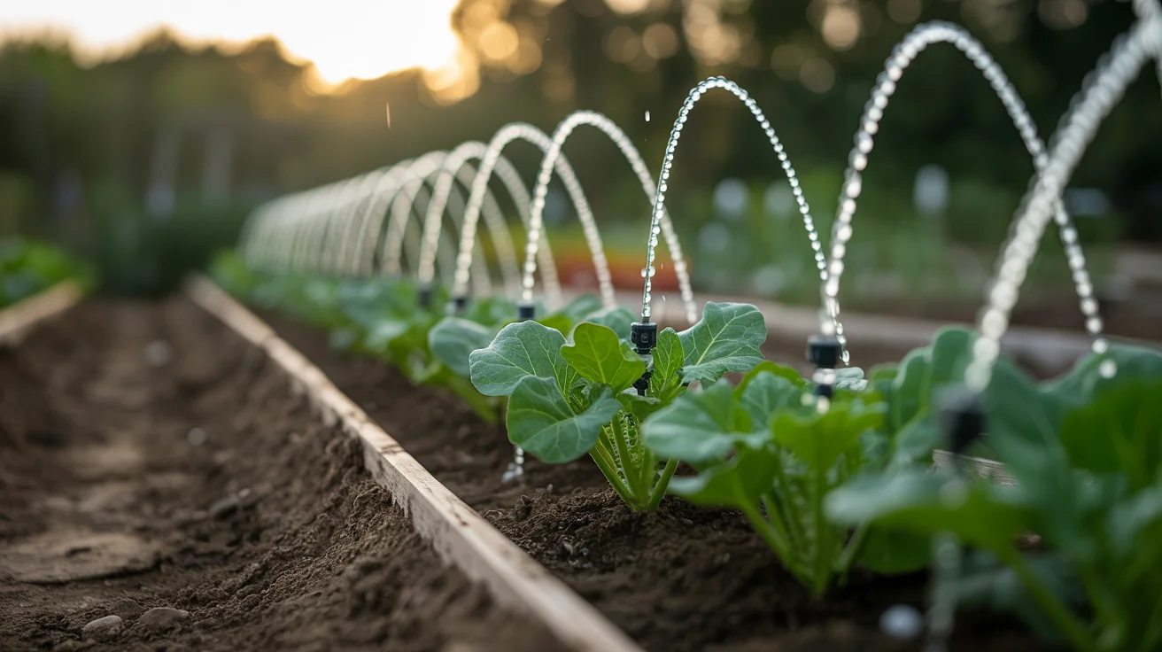 Podlewanie kropelkowe – oszczędność wody i zdrowsze rośliny System kropelkowy nawadnia zielone warzywa w ogrodzie.