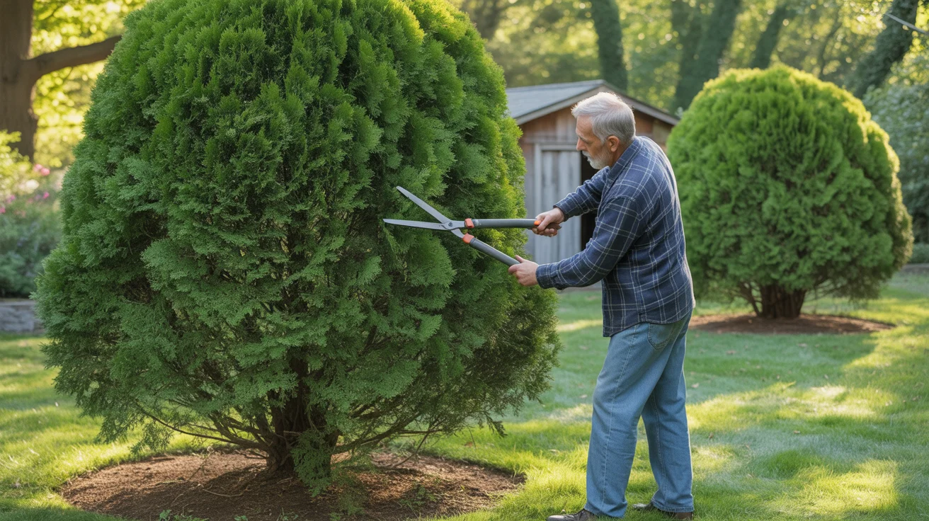 Odmładzanie starych tui – radykalne cięcie bez ryzyka Starszy mężczyzna przycina dużą tuję w słonecznym ogrodzie.