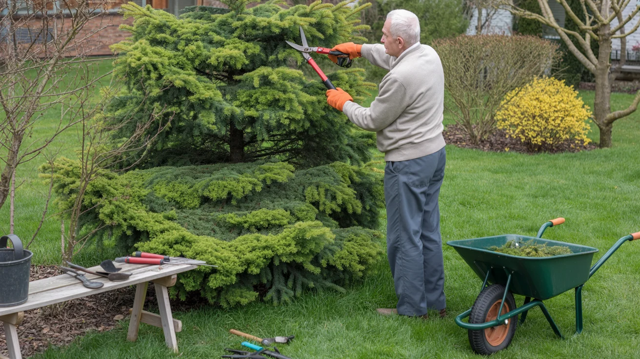 Kiedy i jak przycinać iglaki? Terminy dla świerków, sosen i jałowców Starszy mężczyzna przycina świerk w ogrodzie.