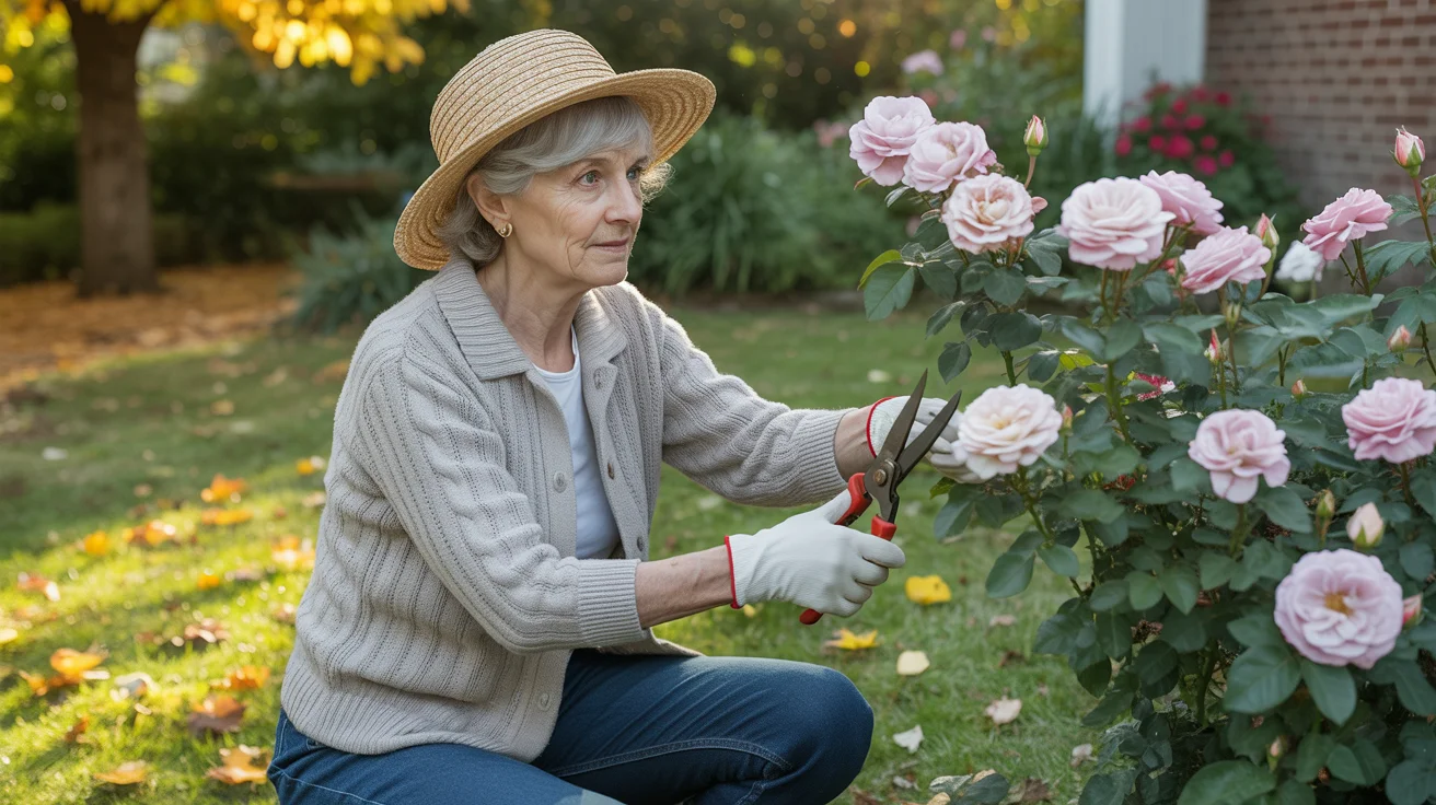 Przycinanie róż jesienią – ochrona przed mrozem i chorobami Starsza pani przycina róże, chroniąc je przed zimą.