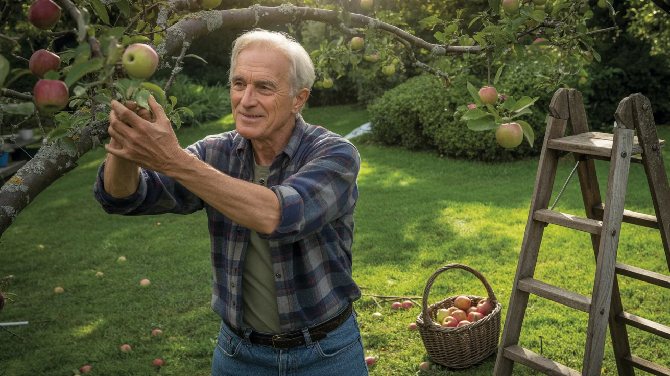 Kiedy przycinać jabłonie? Prosty kalendarz cięcia krok po kroku Starszy mężczyzna przycina jabłoń w słonecznym ogrodzie.
