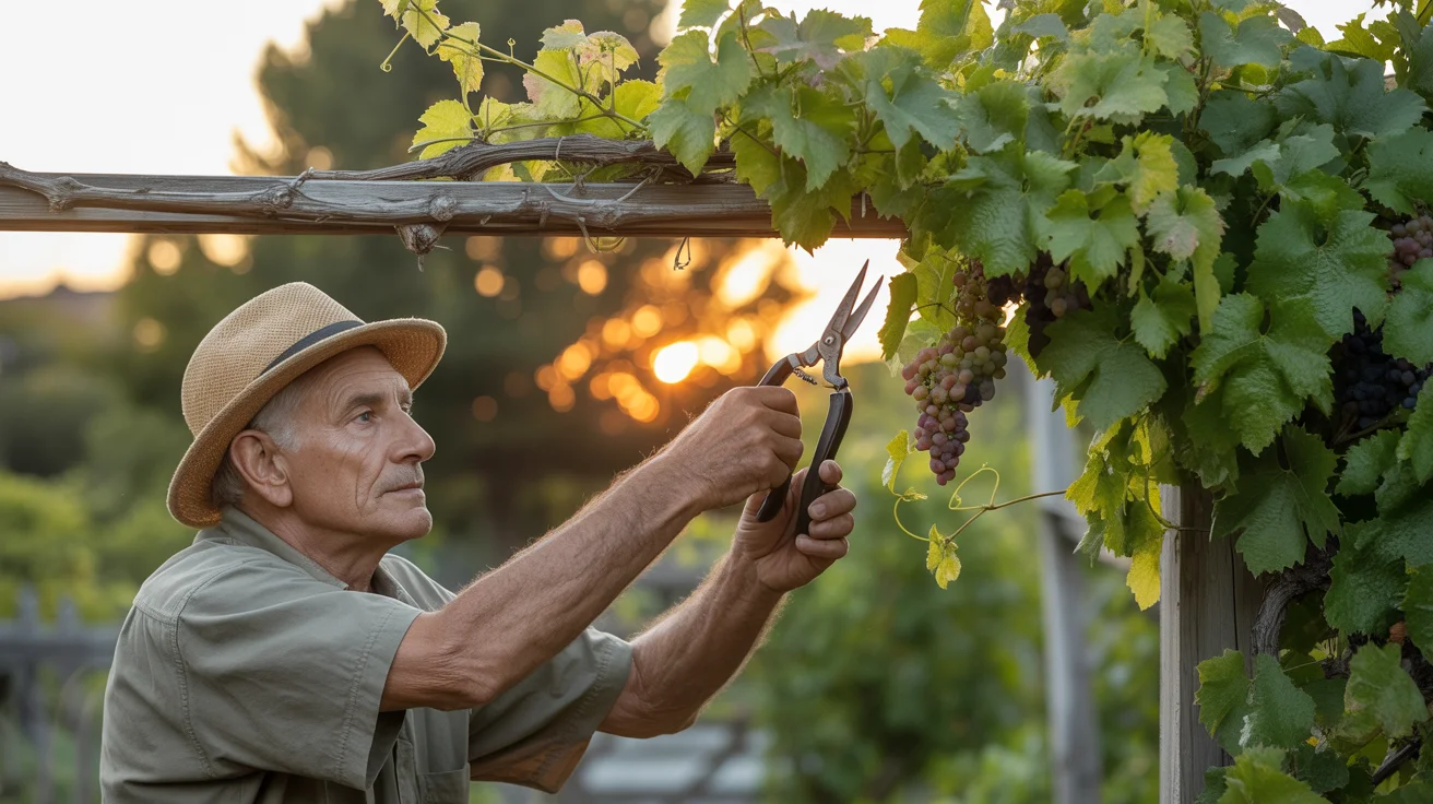 Cięcie winorośli od zimy do lata – kompletny przewodnik dla działkowca Starszy mężczyzna przycina winorośl o zachodzie słońca.