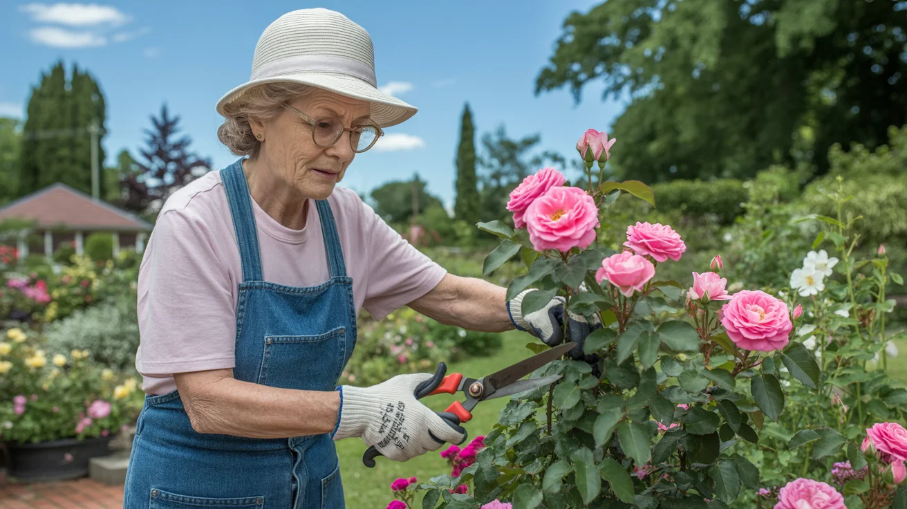 Cięcie róż krok po kroku – od rabatowych po parkowe Starsza pani przycina różany krzew w słoneczny dzień.