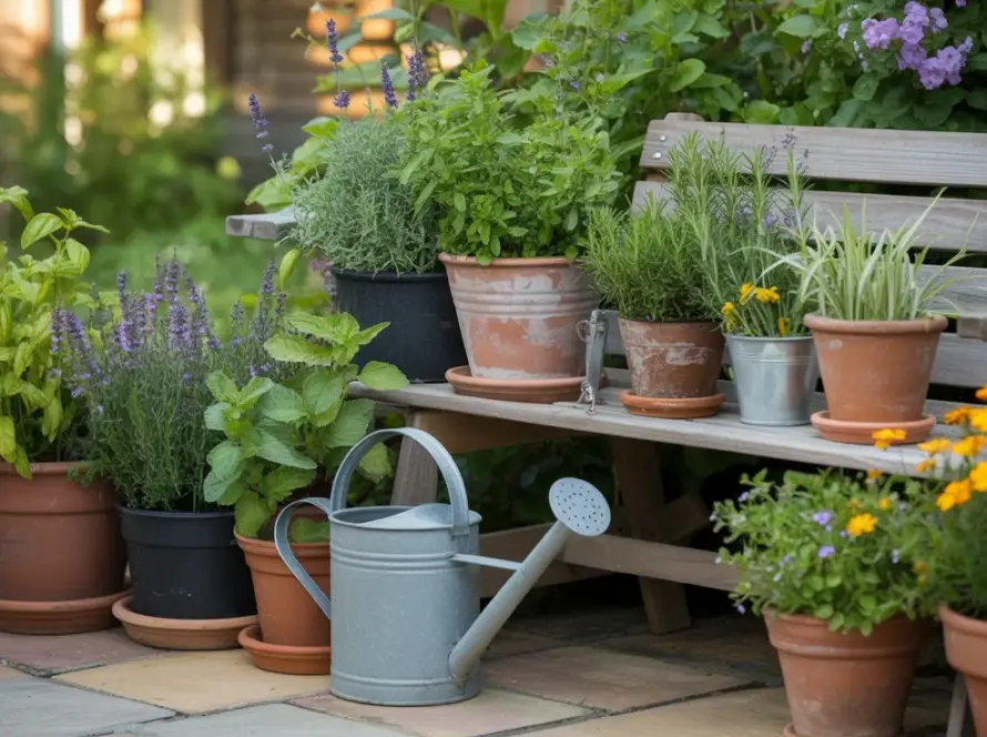 Zioła odstraszające komary i mszyce na letnim patio: lawenda, bazylia, rozmaryn, mięta, aksamitki