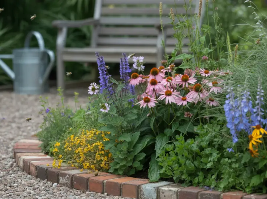 Rabata bylinowa cottage o poranku: jeżówki, szałwie, rudbekie, ostróżki i trawy; ławka, konewka.
