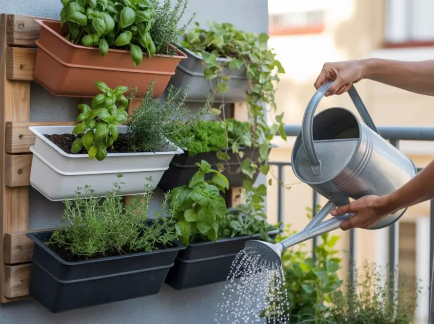 Wertykalny ogród na balkonie: zielona ściana z ziołami, podlewana konewką w słońcu