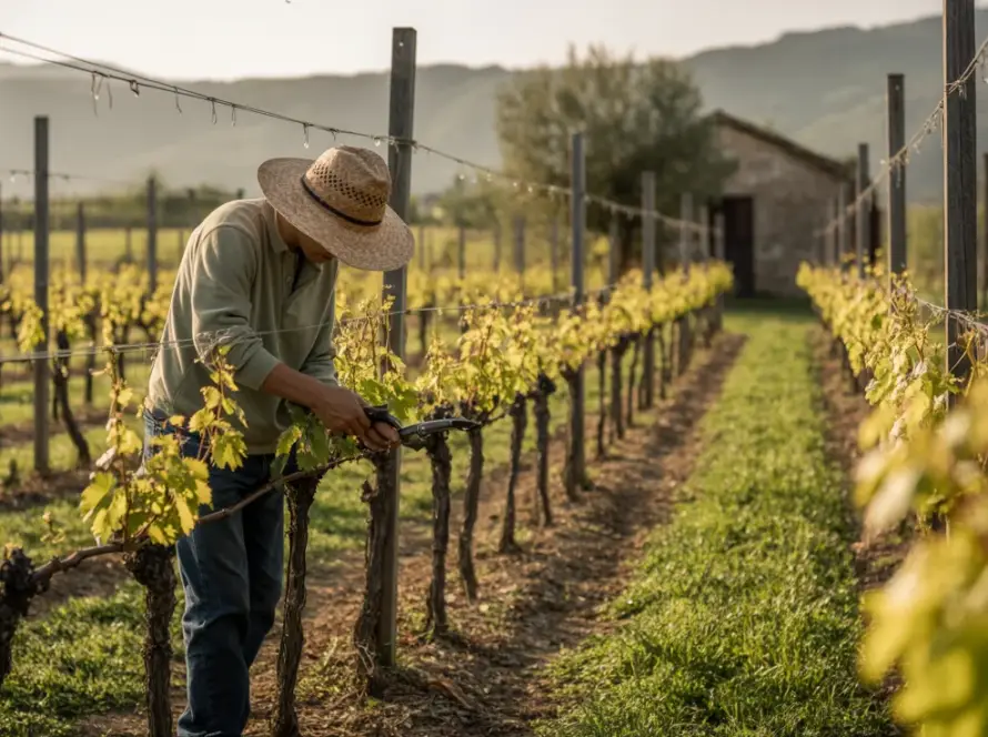 Poranek w winnicy: osoba w słomkowym kapeluszu przycina winorośl na szpalerach, rosa, słońce.