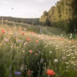 Dzikie kwiaty rosnące na łące, w tym maki i stokrotki, w naturalnym otoczeniu.