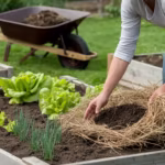 Osoba sadząca warzywa w drewnianych grządkach w ogrodzie, z wózkiem ogrodowym w tle.