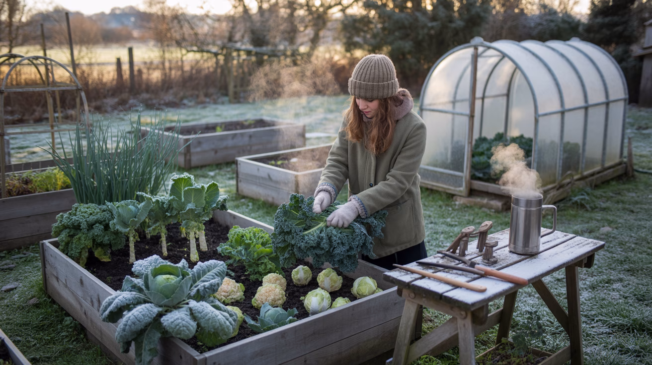 Kobieta zbierająca warzywa w ogrodzie, z parą unoszącą się z garnka obok.