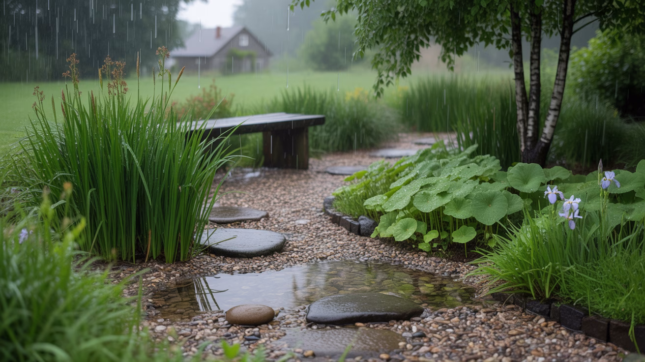Ogród z kamiennymi ścieżkami, trawami i roślinami w deszczu.